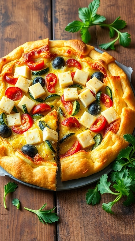 A savory quiche with a golden crust and colorful vegetable filling, sliced and served on a rustic table.